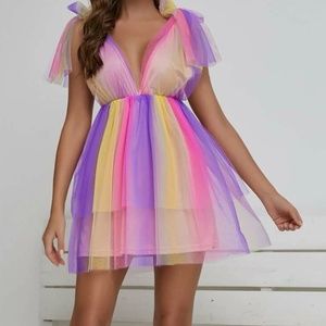 SBetro Colorful Striped Mesh Tier Dress
